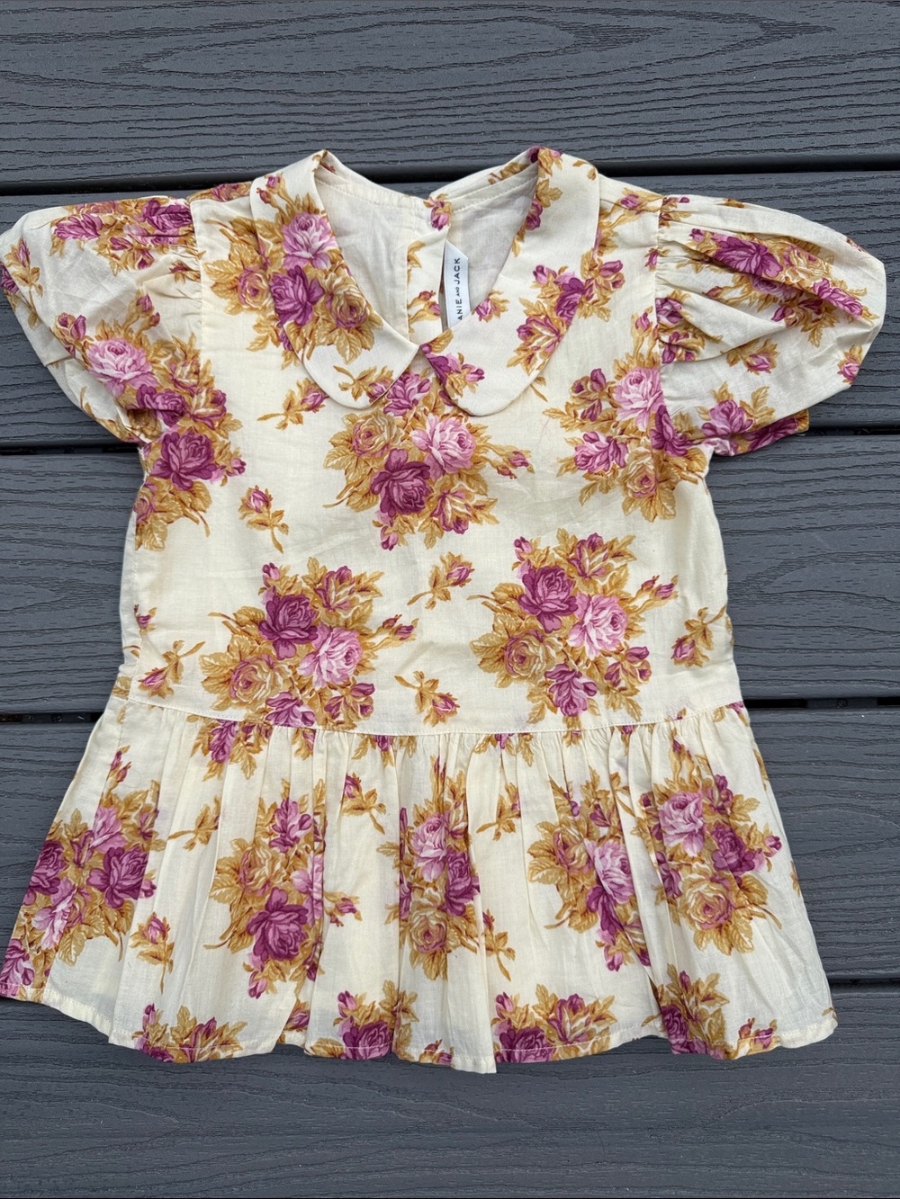 Janie and Jack Cream Floral Peplum Top with Pink & Gold Roses